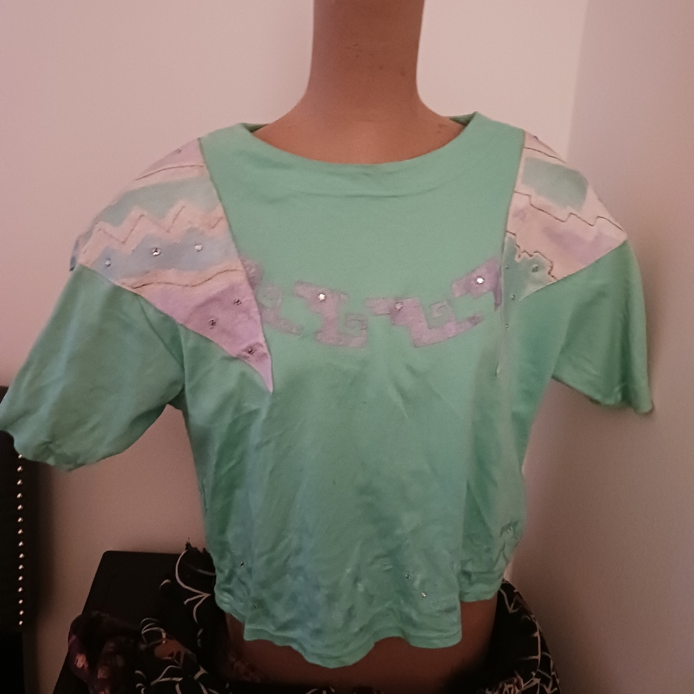 Authentic 80s Silver Cloud crop top shirt turquoise S OS shoulder pads bedazzled